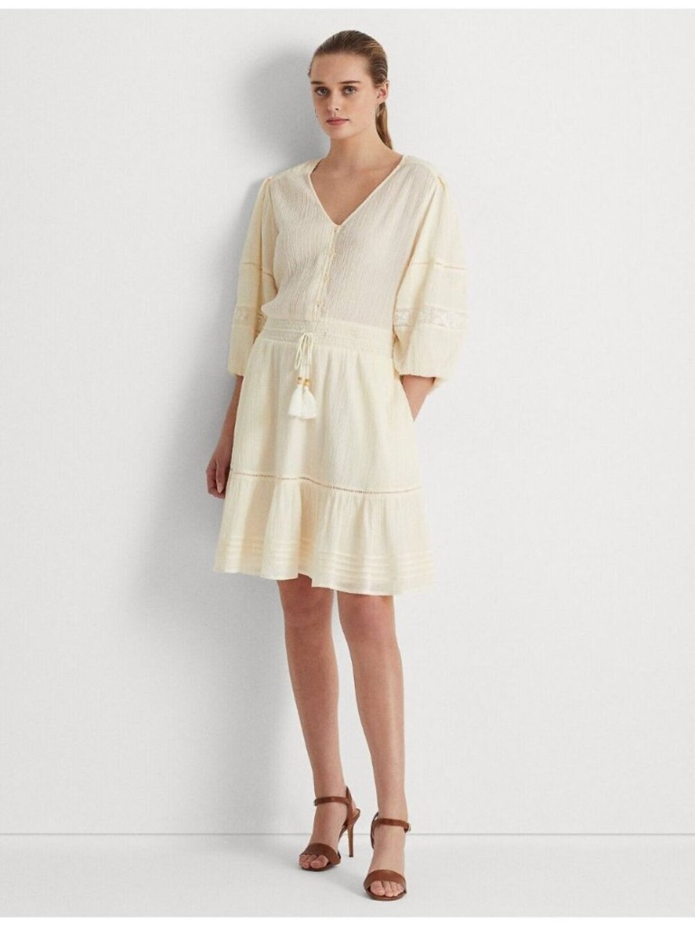 NEW! Lauren Ralph Lauren Women's 12 Crinkle Cotton Blouson-Sleeve Dress NWT $185 - Picture 1 of 2